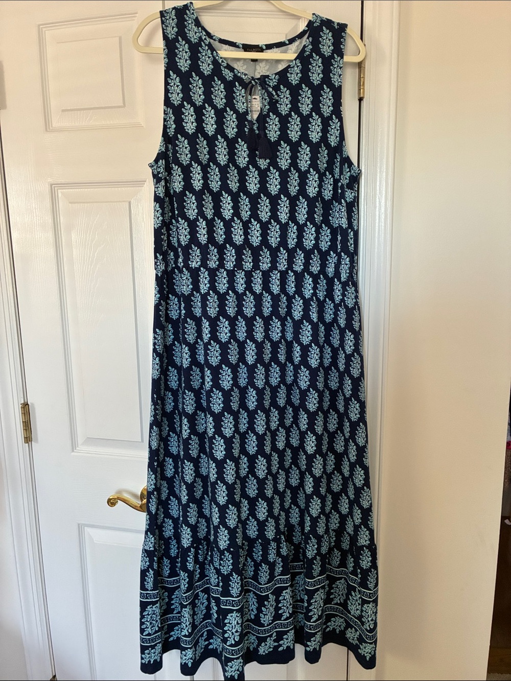 Talbots Navy Maxi Dress with Light Blue Leaf Print & Tassel Detail, sz XLP, NWT